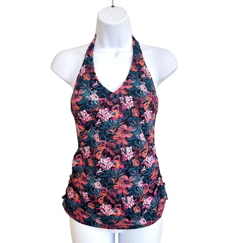 Venus Floral Halter Tankini Top Ruched‎ Side Swimwear Pink Teal Orange Size 6